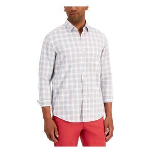 CLUBROOM Mens White Plaid Spread Collar Button Down Stretch Stretch Shirt S